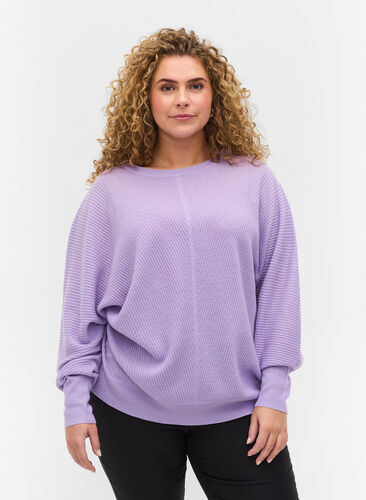 Pull tricoté à manches longues et ourlet côtelé, Purple Rose, Model image number 0