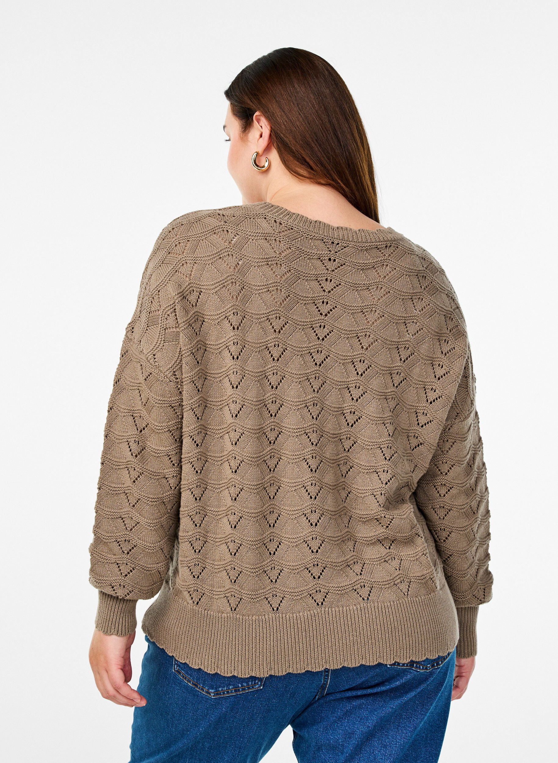 ZizziGebreide blouse met lange mouwen en een opengewerkt patroon, Desert Taupe, Model image number 1