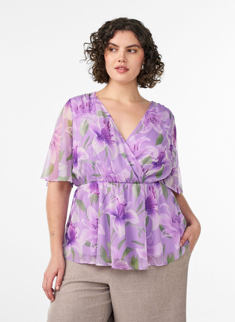 Bloemen chiffon blouse met korte mouwen, Paars, Model image number 0