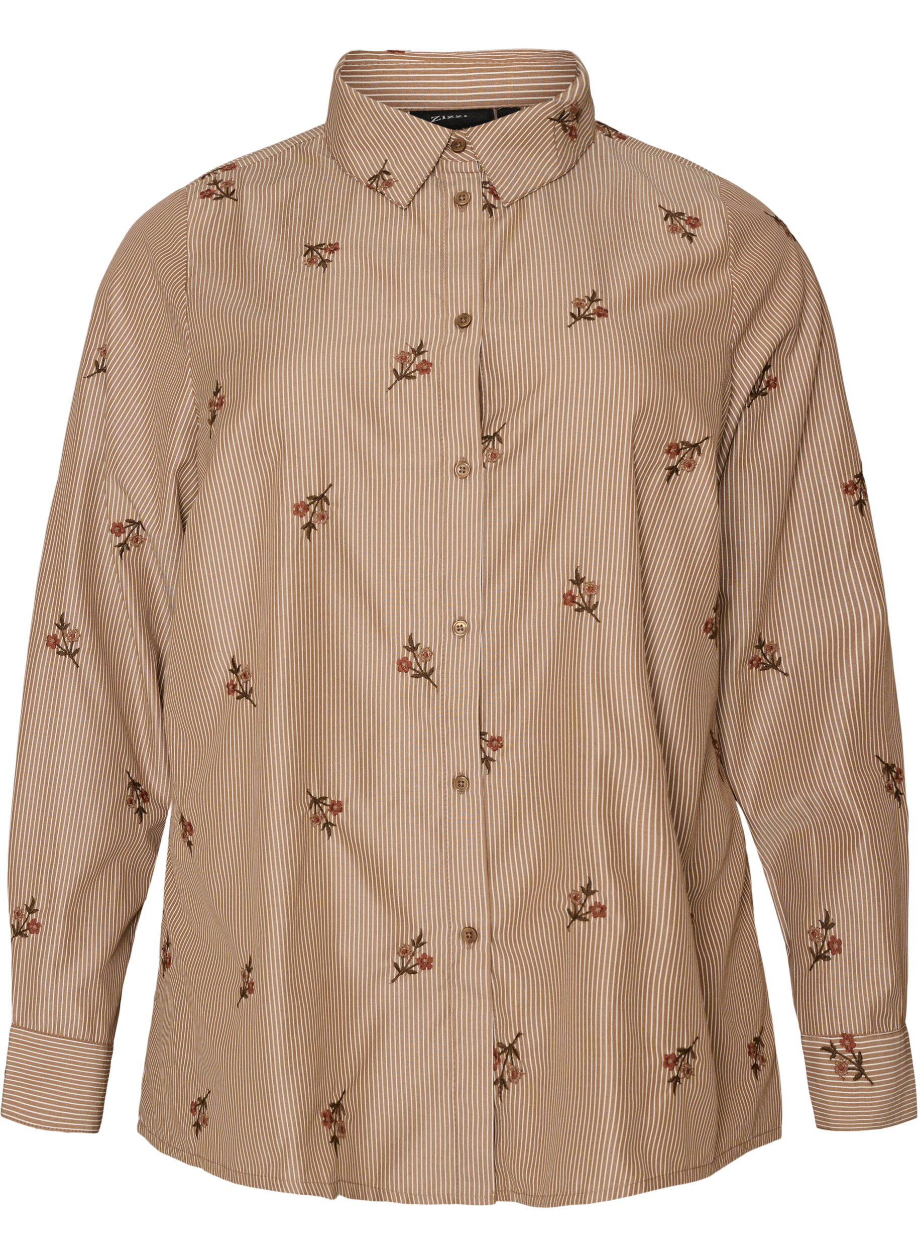 ZizziGestreept shirt met geborduurde bloemen, Bruin, Packshot image number 0