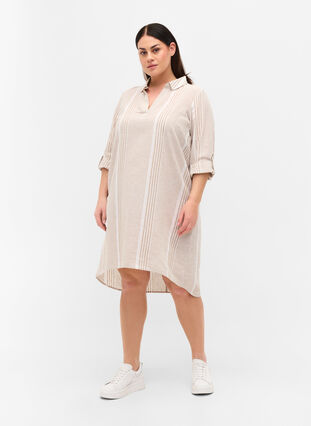 Gestreepte jurk gemaakt van katoen en linnen, White Taupe Stripe, Model image number 2