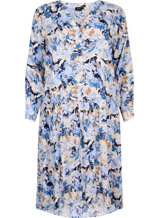 Bedrukte viscose midi-jurk met lange mouwen, Blue Graphic AOP, Packshot image number 0