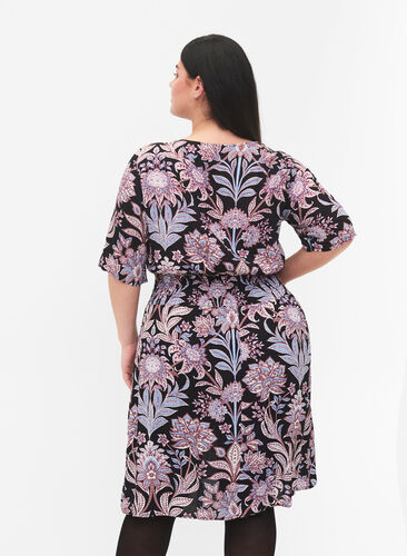 Viscose jurk met print en smok , Black Graphic Flower, Model image number 1