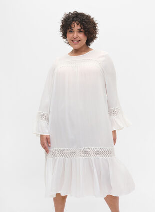 robe en viscose avec détails en dentelle, Off White, Model image number 0
