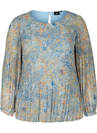 Geplooide blouse met bloemenprint, Light Blue Multi AOP, Packshot image number 0