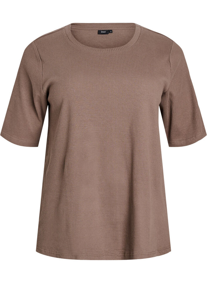 Geribde jersey blouse met korte mouwen, Bruin, Packshot image number 0