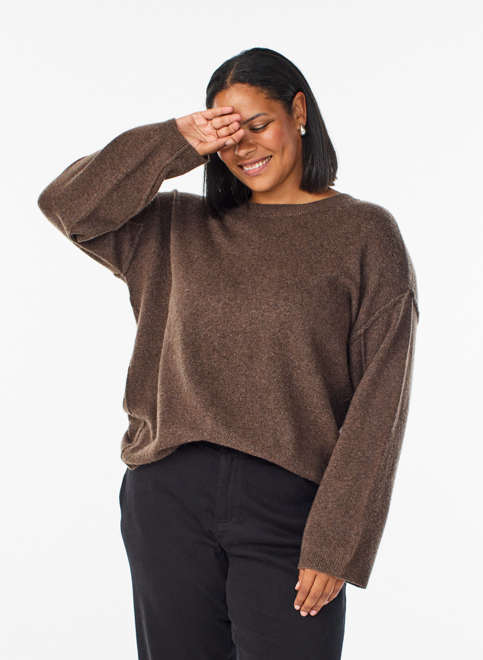 ZizziPull ample en maille avec coutures apparentes, Marron, Model image number 0