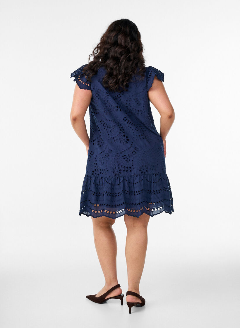 Broderie anglaise jurk met ruches mouwen, Blauw, Model image number 2