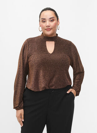 Glitter blouse met lange mouwen, ronde hals en V-detail, Black Copper, Model image number 0