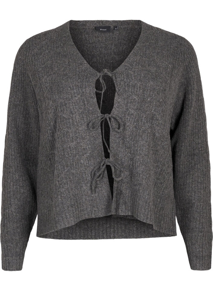 Cardigan en maille avec lien à nouer, Dark Grey Melange, Packshot image number 0