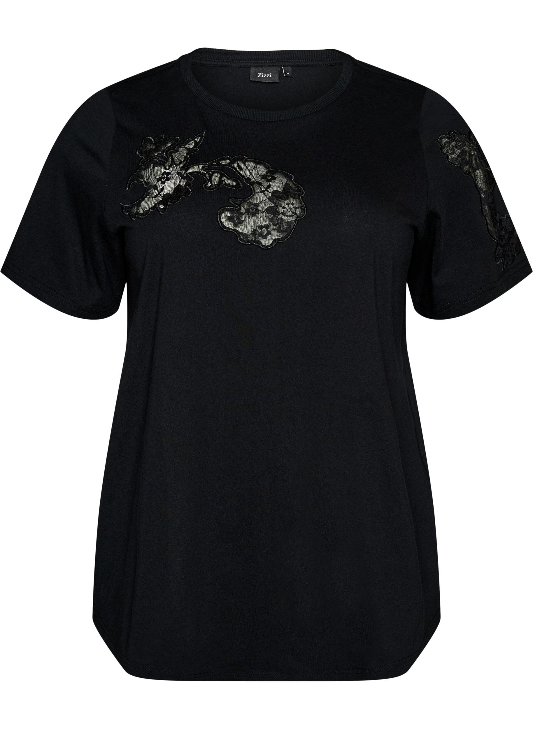 T-shirt en coton avec appliqu&eacute;s en dentelle
