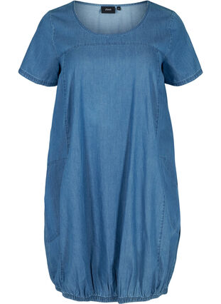 Denim jurk met zakken en korte mouwen, Blue denim, Packshot image number 0