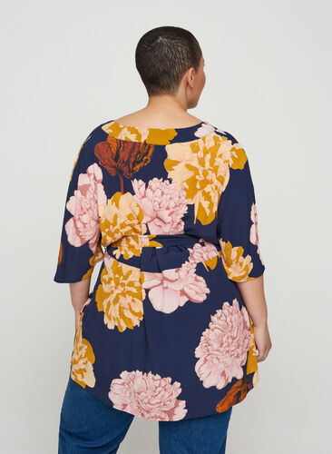 Viscose tuniek met bloemenprint en tailleband, Navy Blazer Flower, Model image number 1