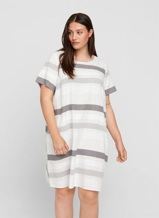 Gestreepte jurk met korte mouwen, White Stripe, Model image number 0