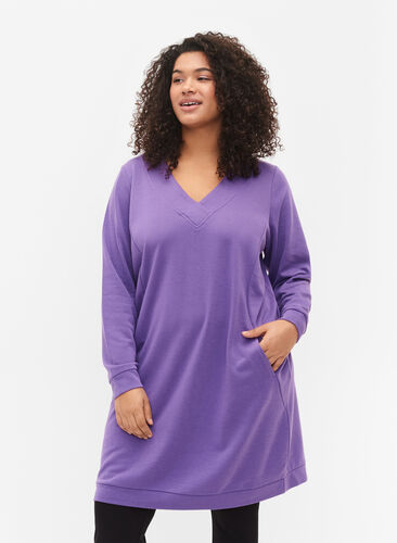 Robe sweat-shirt avec col en V, Deep Lavender, Model image number 0