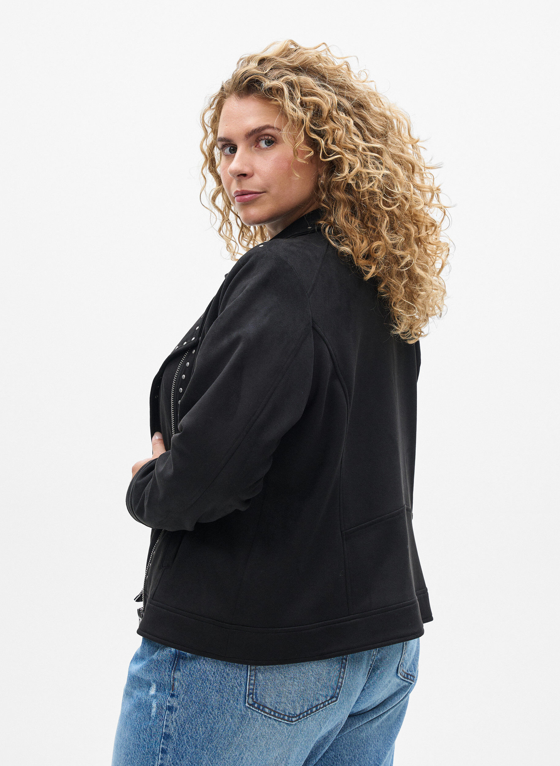 ZizziImitatie su&egrave;de bikerjack met studs, Zwart, Model image number 2