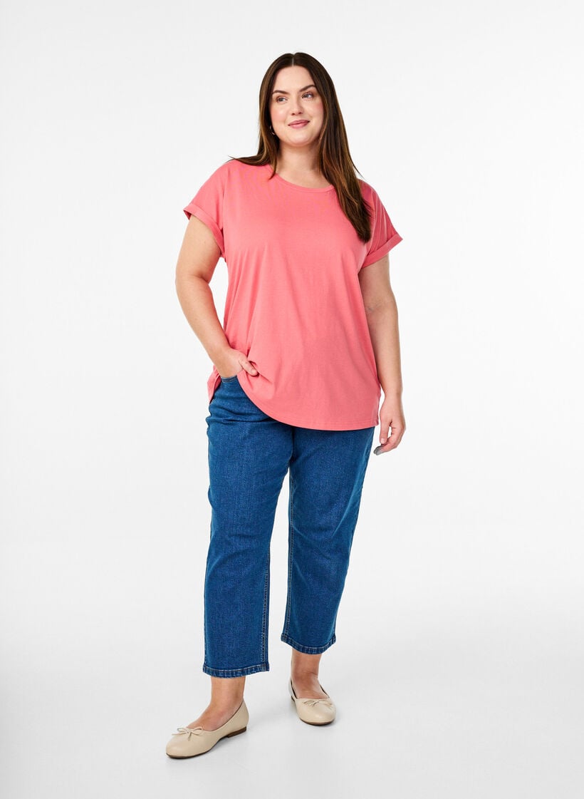 T-shirt &agrave; manches courtes en m&eacute;lange de coton, Rose, Model image number 1