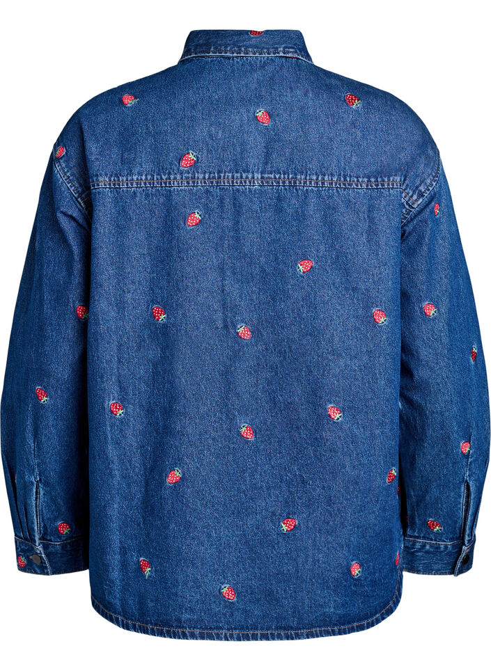 Denim shirt met geborduurde aardbeien, Blauw, Packshot image number 1