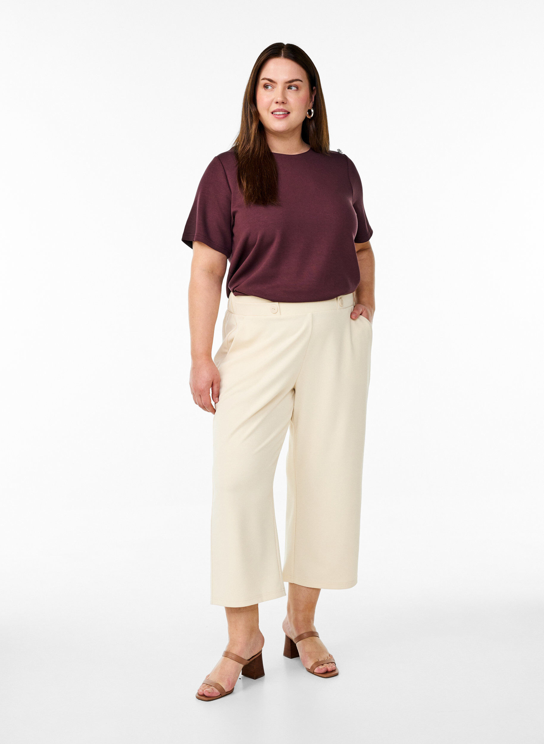Zizzi7/8 broek met losse pasvorm, Beige, Model image number 0