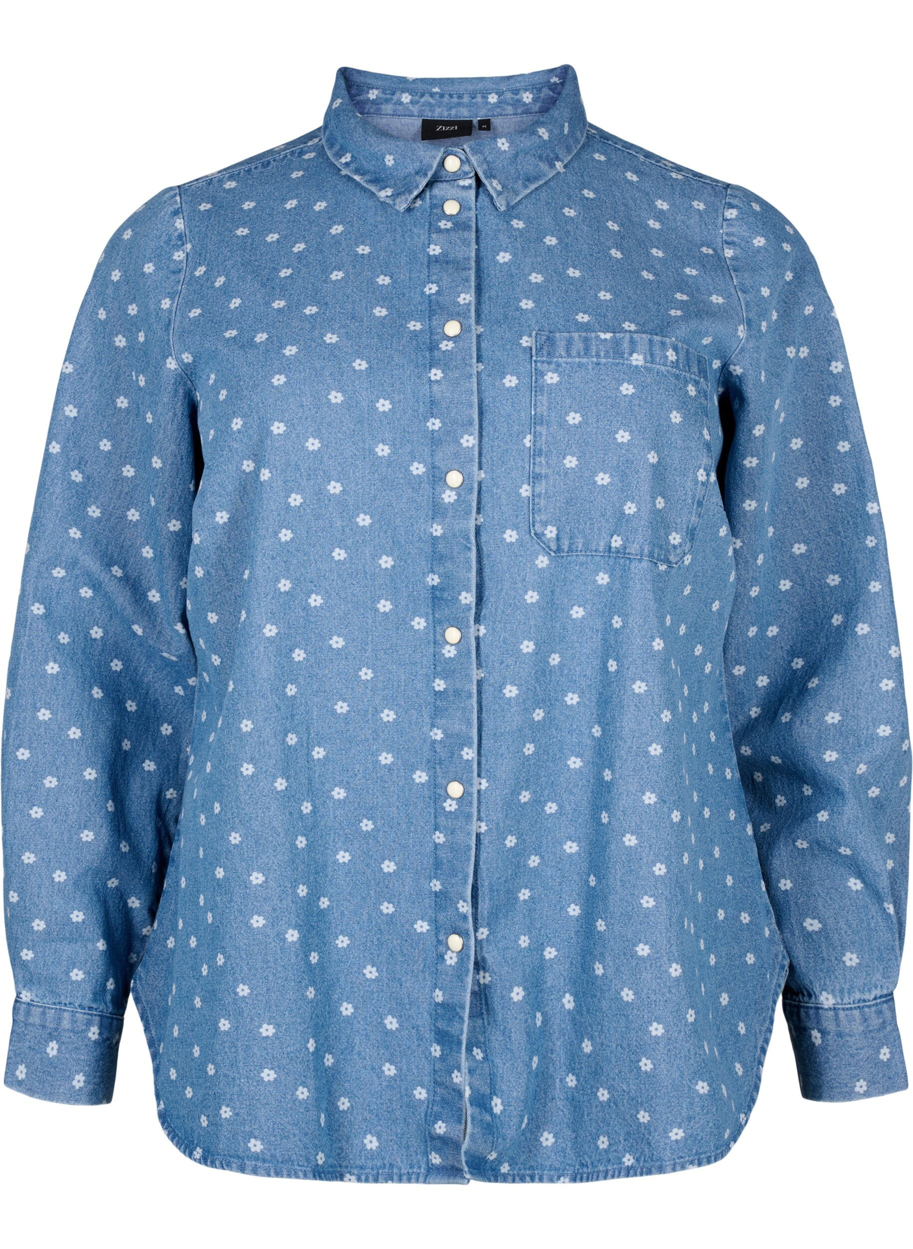 ZizziGebloemd denim overhemd met borstzak, Light Blue w.Flowers, Packshot image number 0