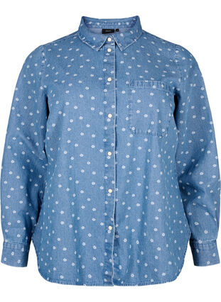 Gebloemd denim overhemd met borstzak, Light Blue w.Flowers, Packshot image number 0