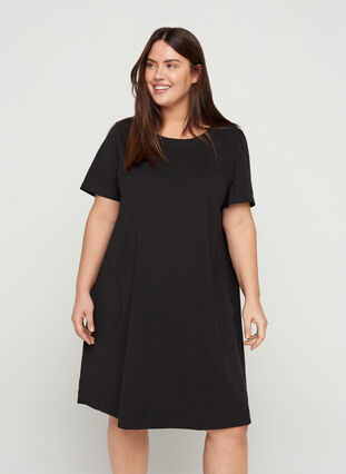 Katoenen jurk met zakken en korte mouwen, Solid Black, Model image number 0