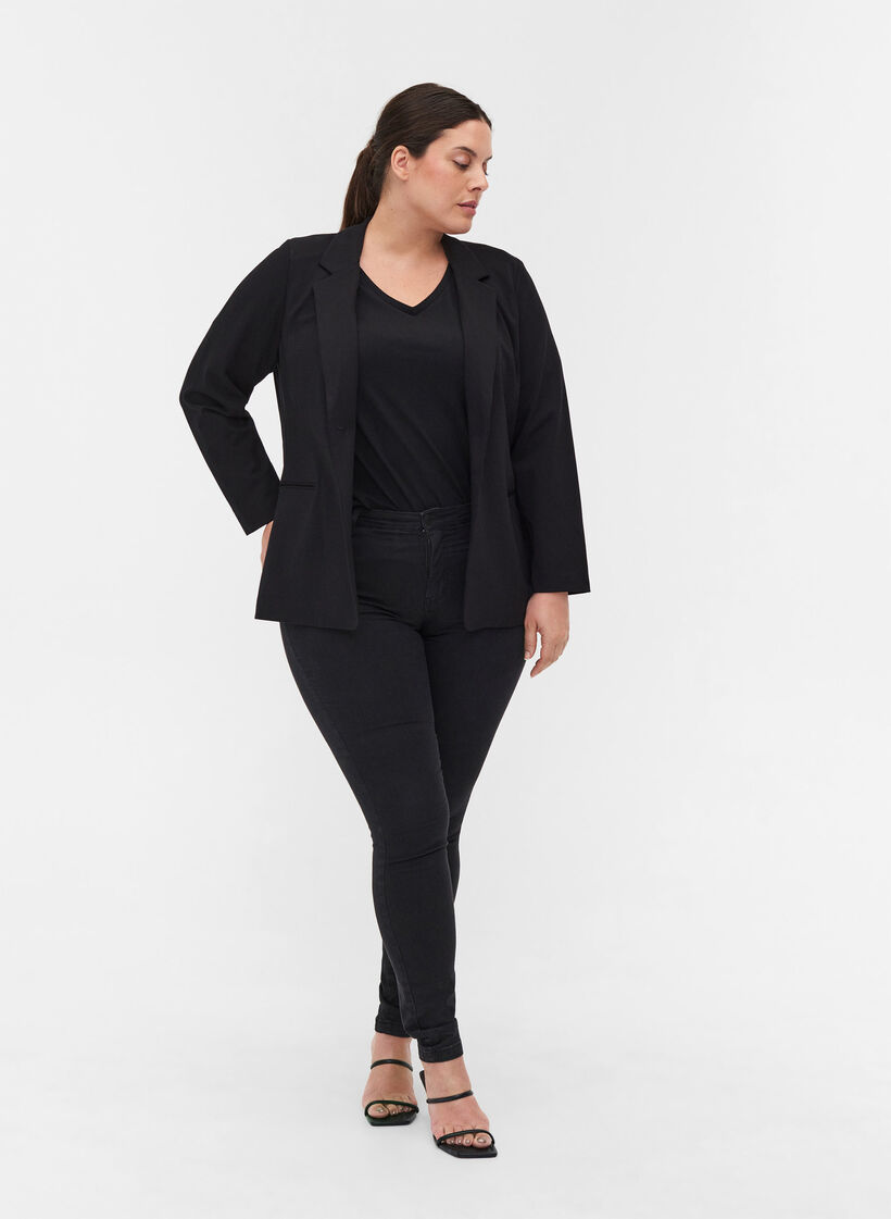 Basic blazer met knoop en sierzakken, Black, Model image number 2