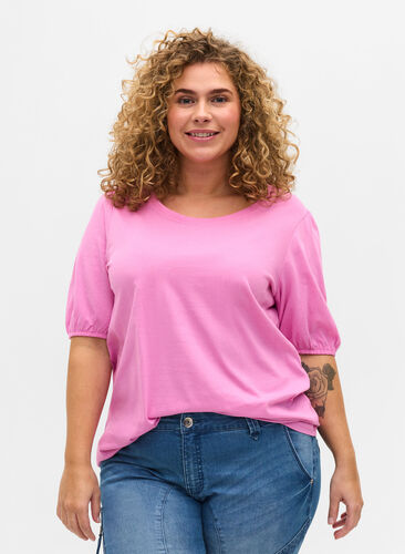 Katoenen t-shirt met elleboogmouwen, Cyclamen, Model image number 0