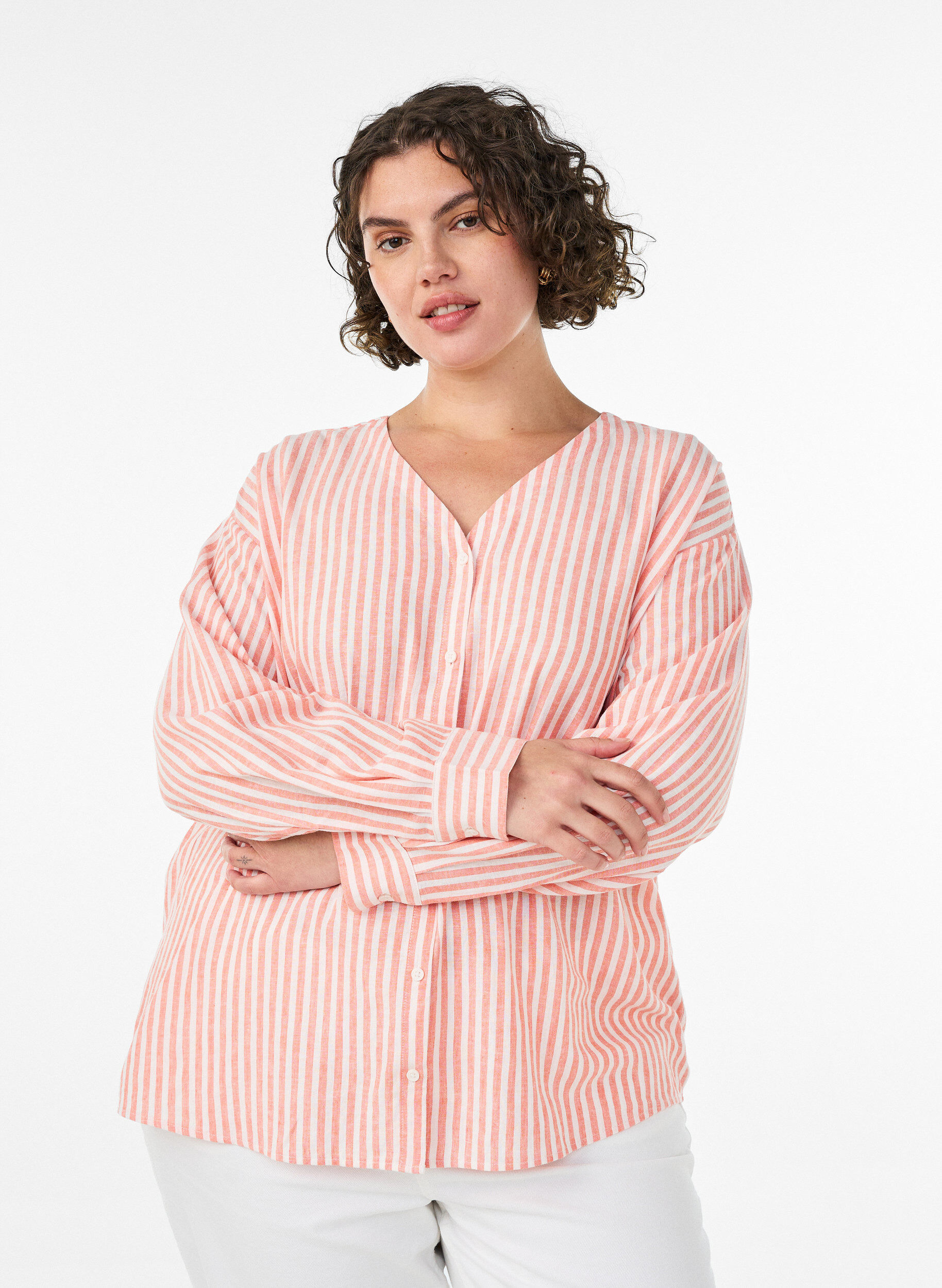 Blouse in linnen en viscose met V-hals, Oranje, Model