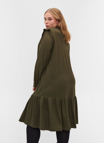 Robe unie en viscose avec col et plis, Forest Night, Model image number 1