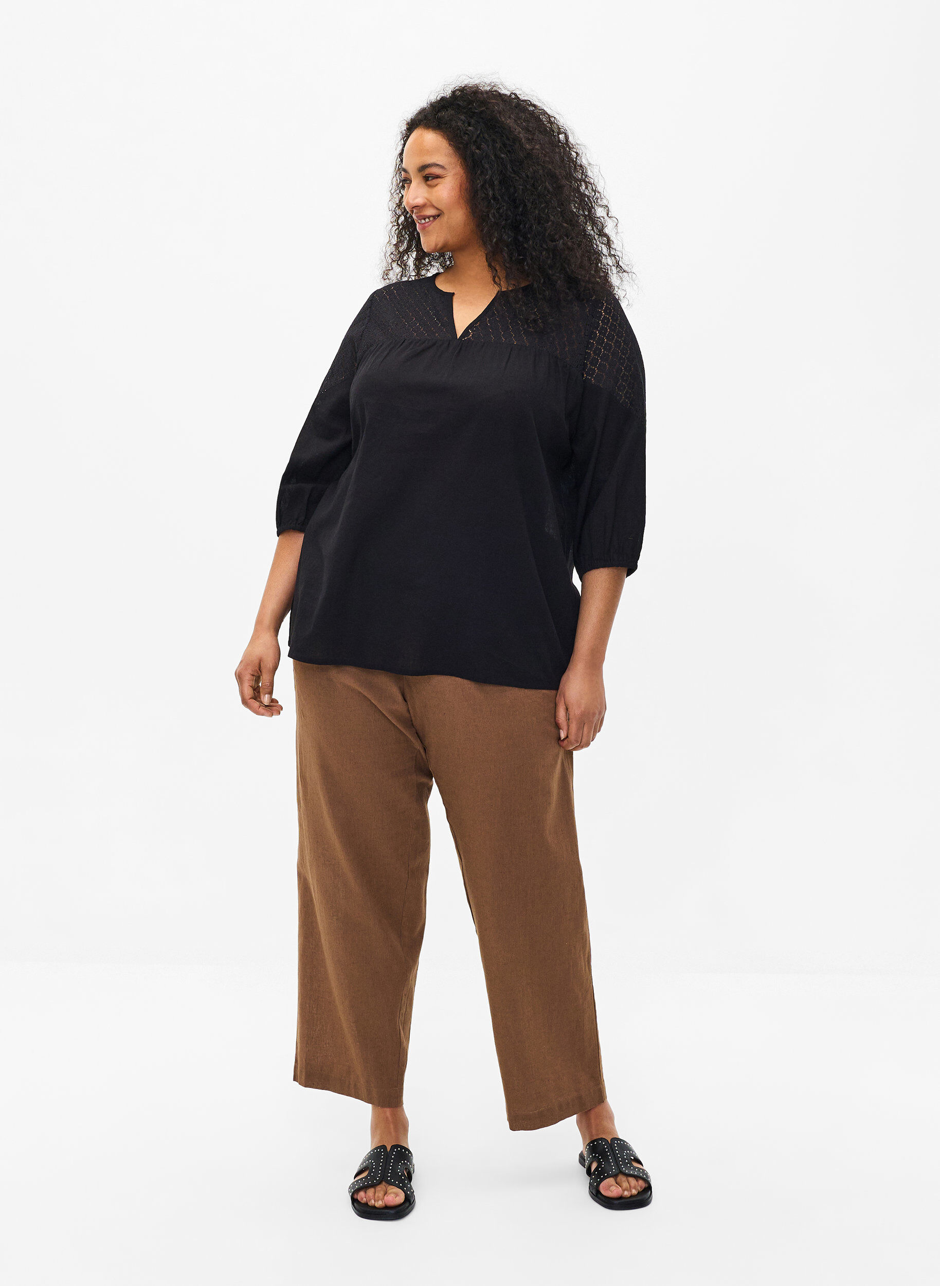 ZizziBlouse van katoenmix met linnen en gehaakt detail, Black, Model image number 2