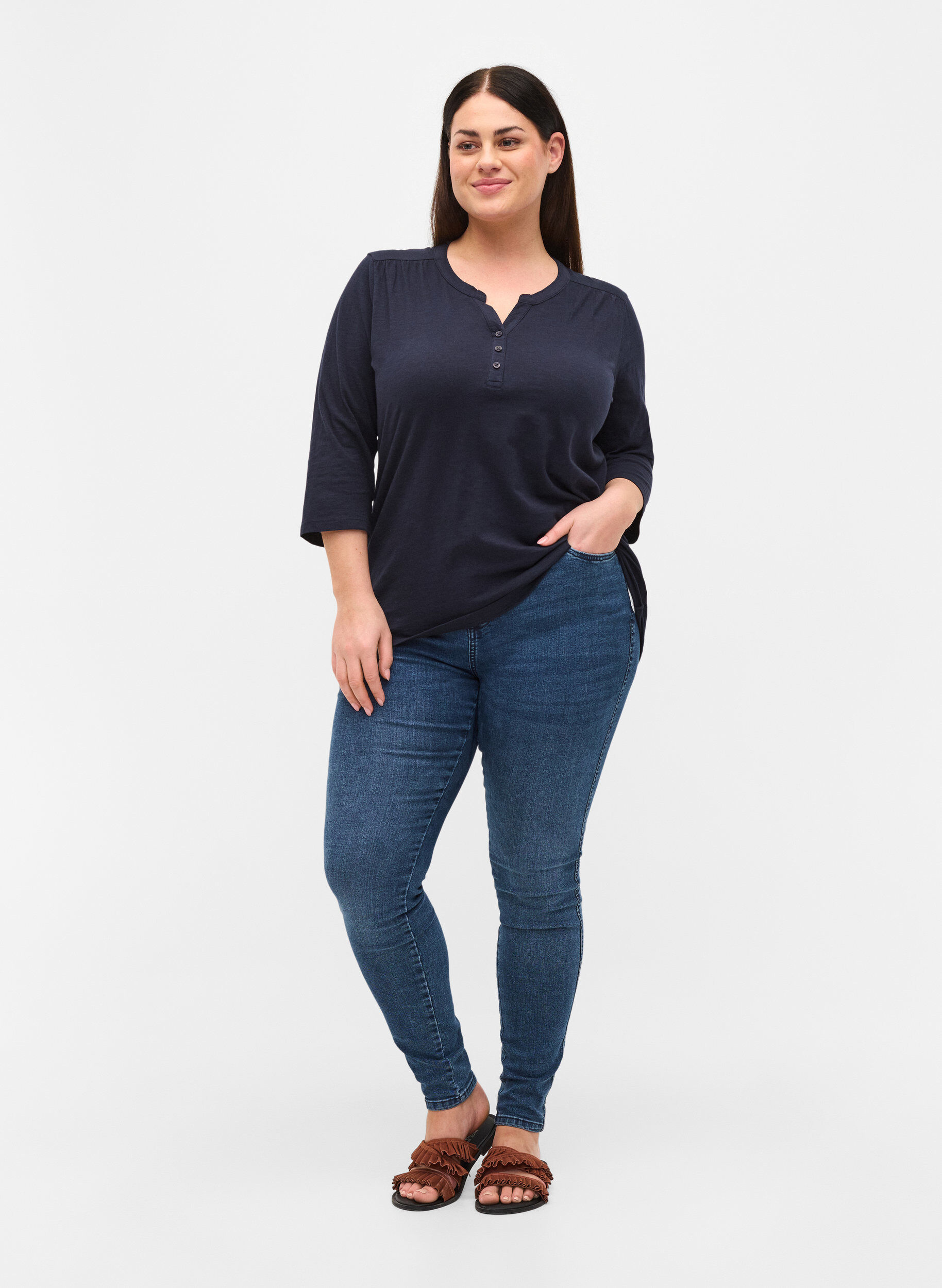 Zizzi Chemisier en coton &agrave; manches 3/4, Night Sky, Model image number 2