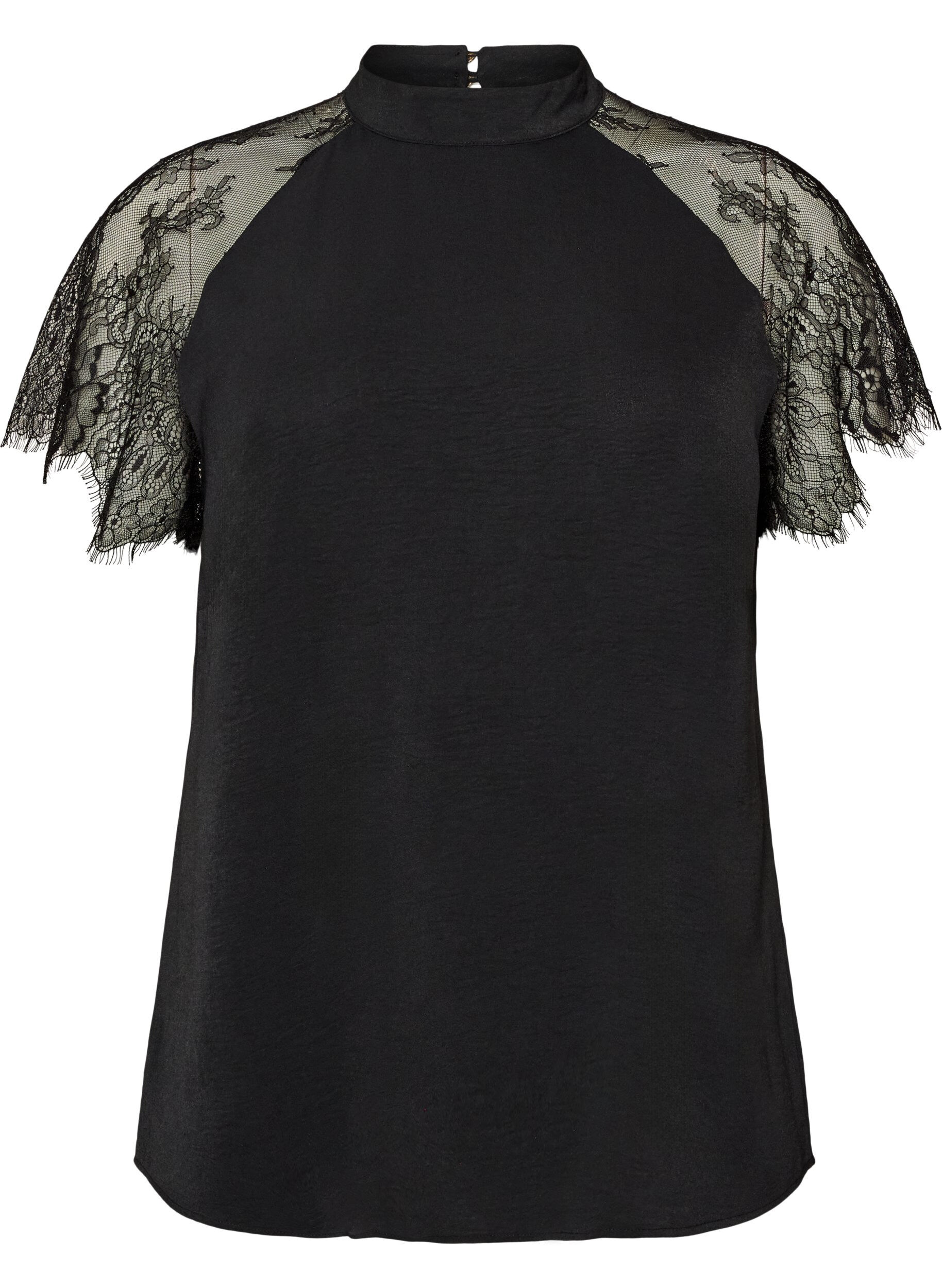 ZizziBlouse &agrave; col montant avec manches courtes en dentelle, Noir, Packshot image number 0