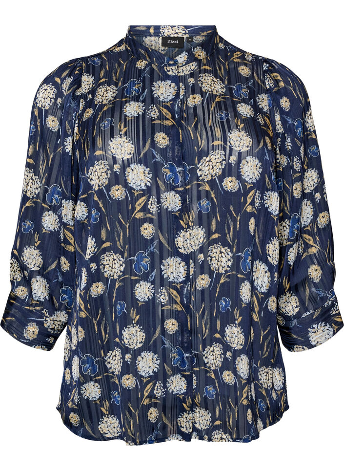 Chemise &agrave; motifs avec col montant et manches 3/4, Bleu, Packshot image number 0