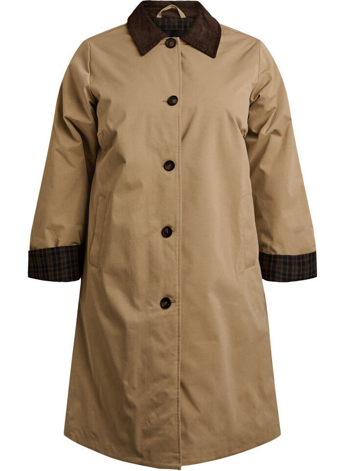 Veste mi-longue avec col en velours c&ocirc;tel&eacute;, Beige, Packshot