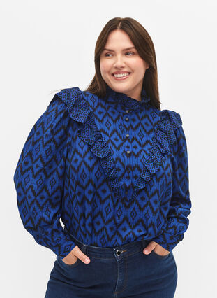 Chemise blouse en viscose avec des détails froncés, True blue w. Black, Model image number 0