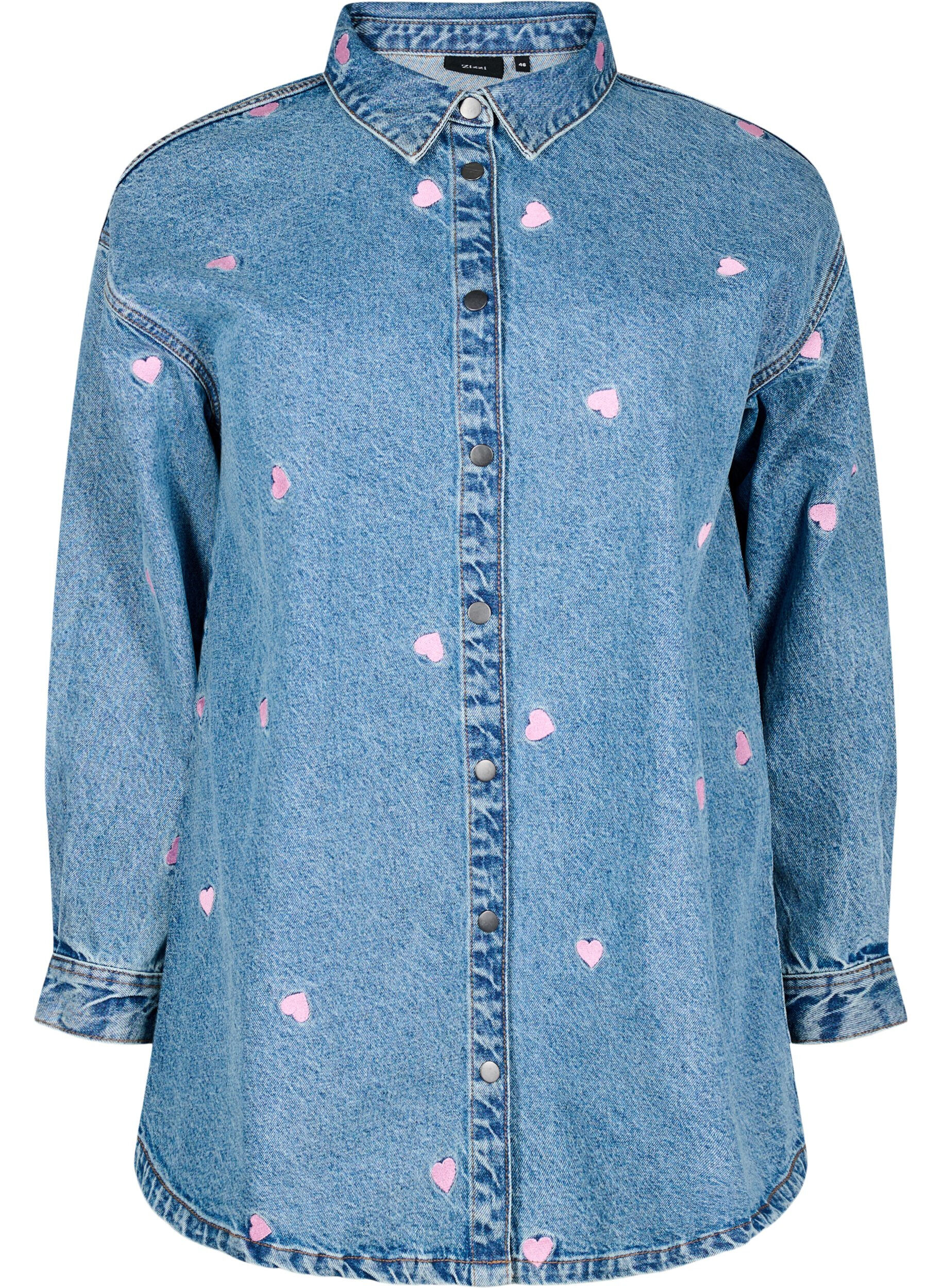 ZizziLosse denimshirt met geborduurde hartjes, Light Blue Heart, Packshot image number 0