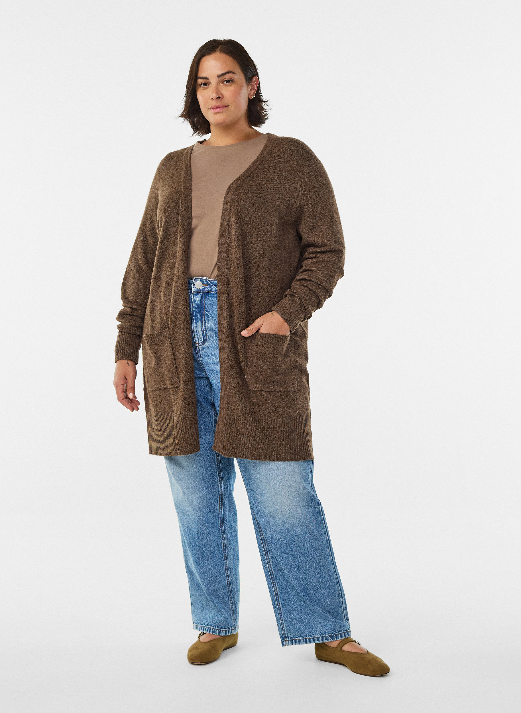 ZizziCardigan en tricot c&ocirc;tel&eacute; avec poches, Marron, Model image number 1
