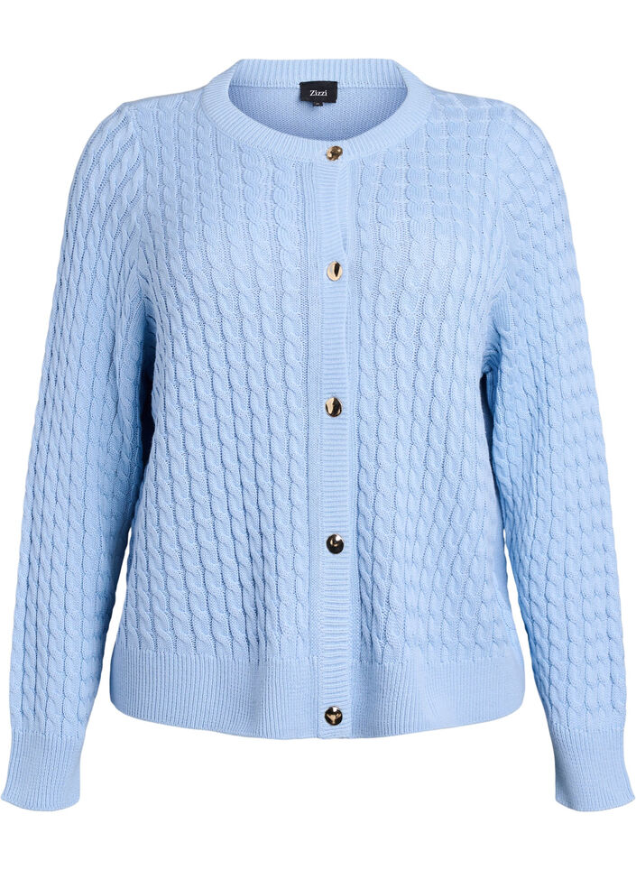 Kabelgebreid vest met gouden knopen, Blauw, Packshot image number 0