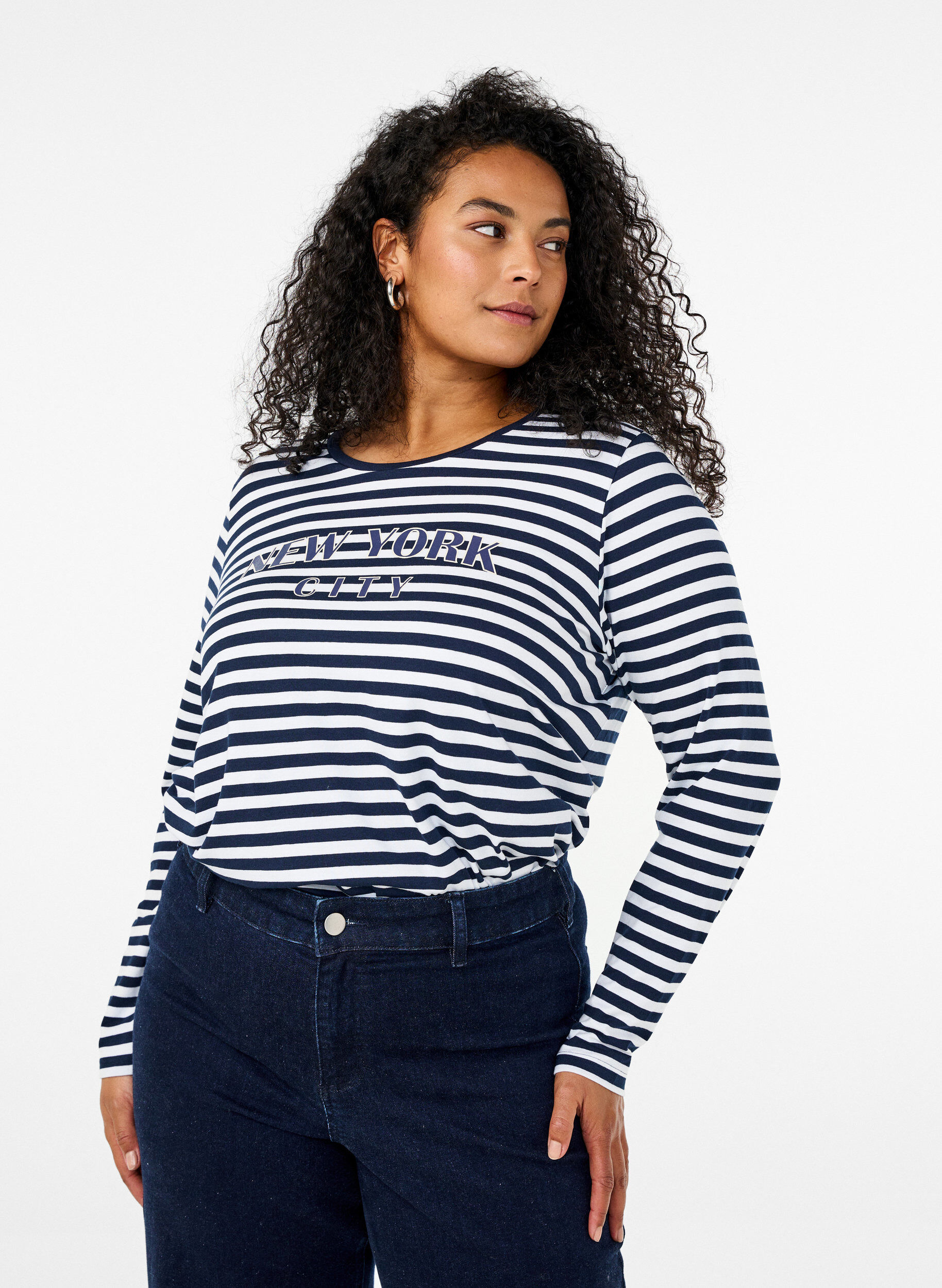 ZizziGestreepte blouse met motief, White w.Navy Stripe, Model image number 0