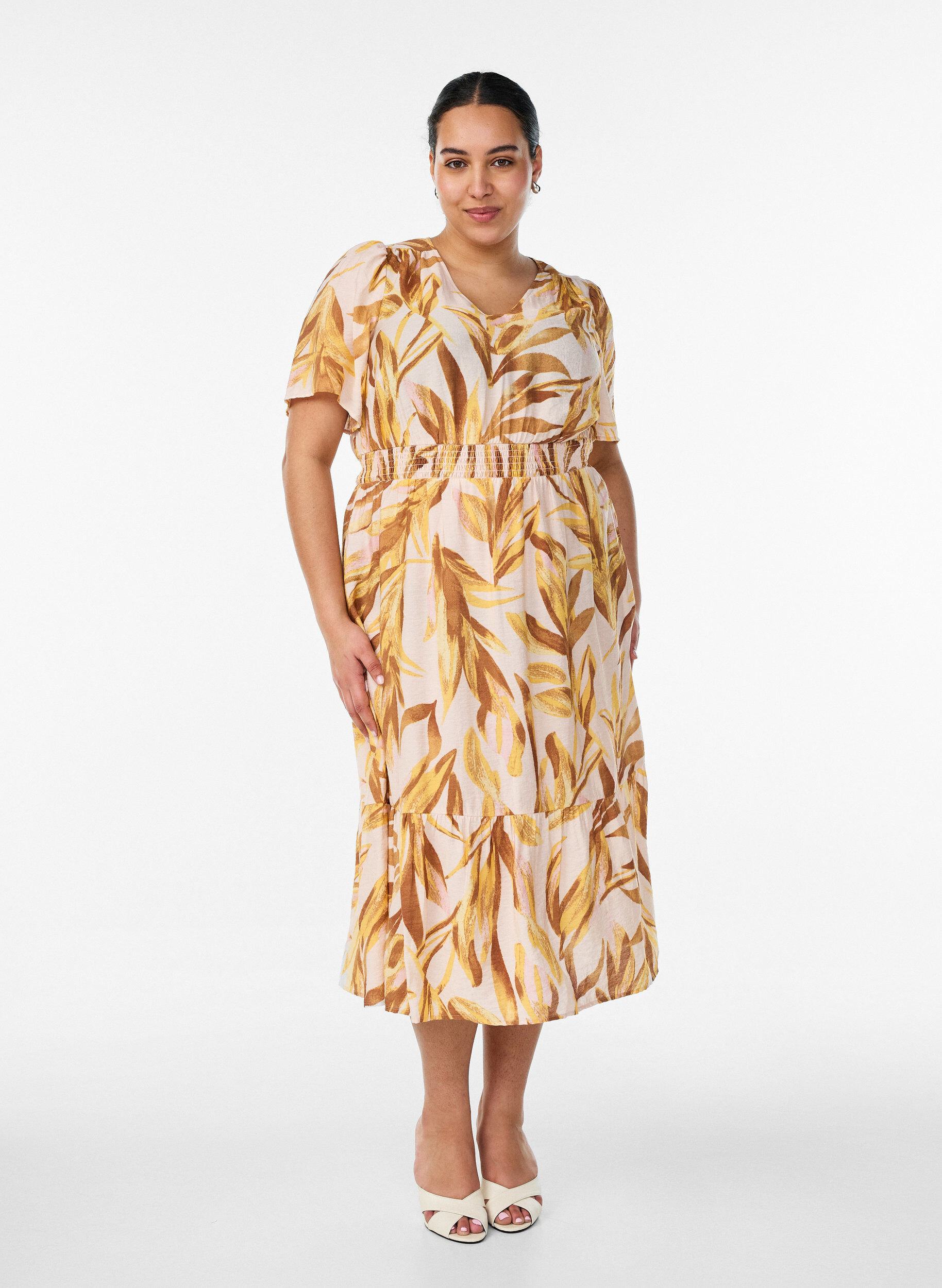 ZizziViscose midijurk met bladprint en gesmokte taille, Geel, Model image number 0