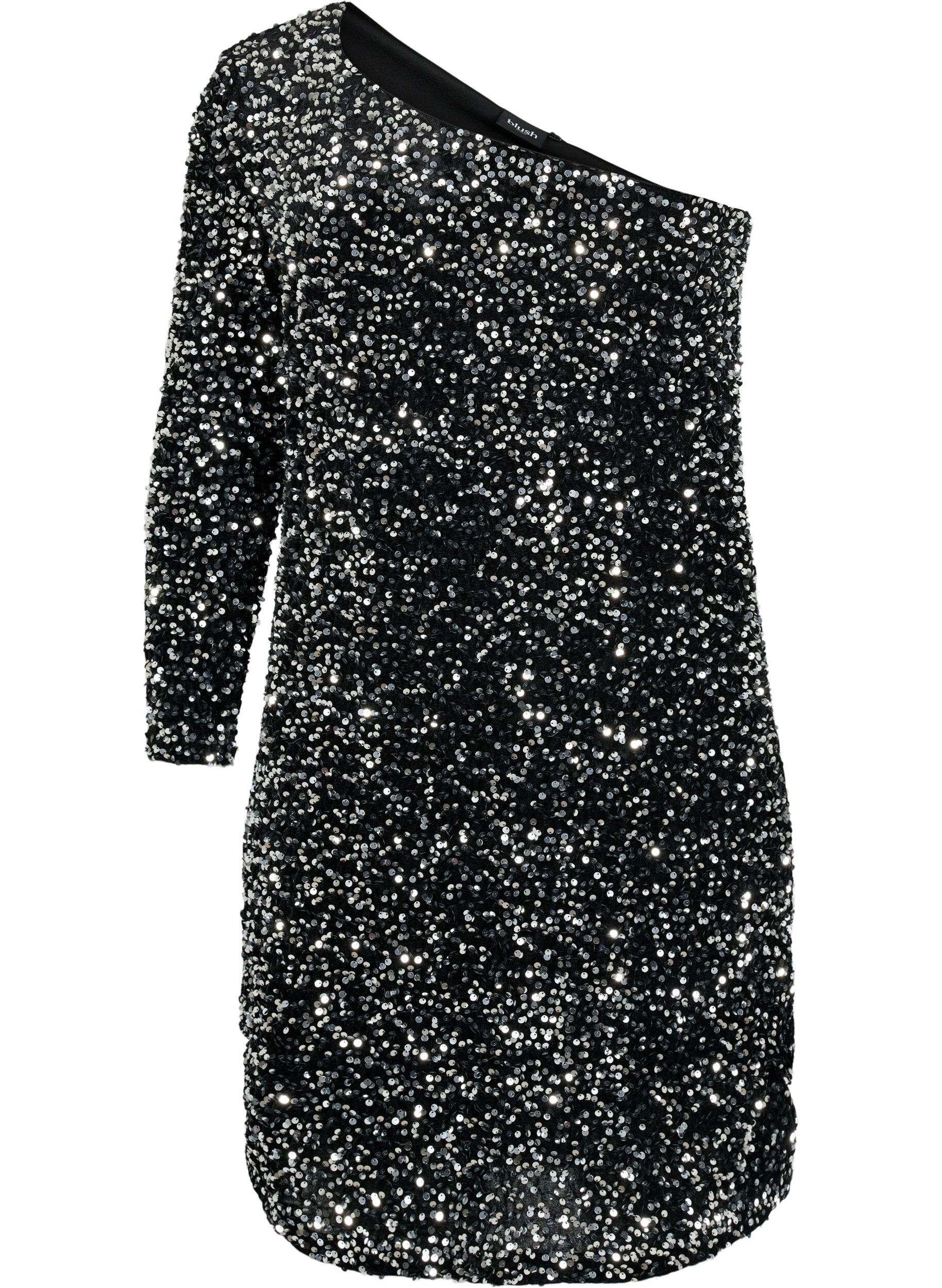ZizziKorte one-shoulder jurk met pailletten, Black/Silver Sequins, Packshot image number 0