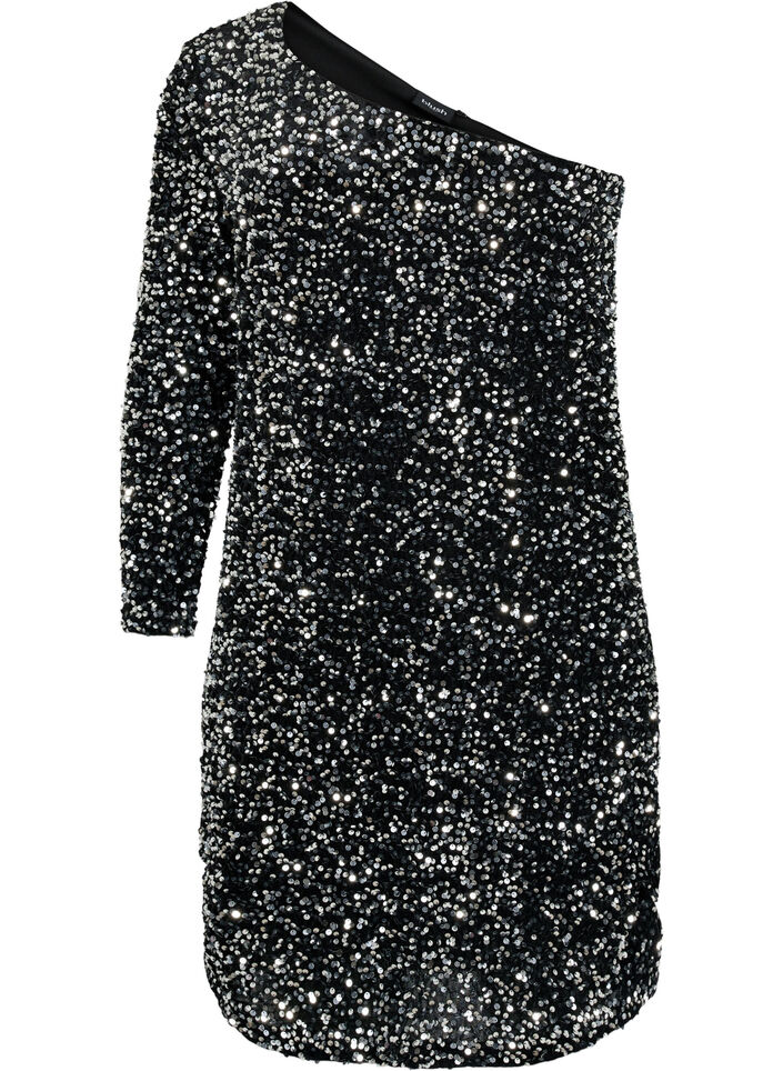 Korte one-shoulder jurk met pailletten, Black/Silver Sequins, Packshot image number 0