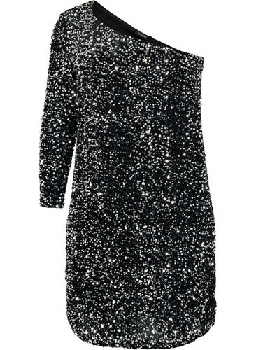 Robe courte à sequins, coupe asymétrique une épaule dénudée, Black/Silver Sequins, Packshot image number 0