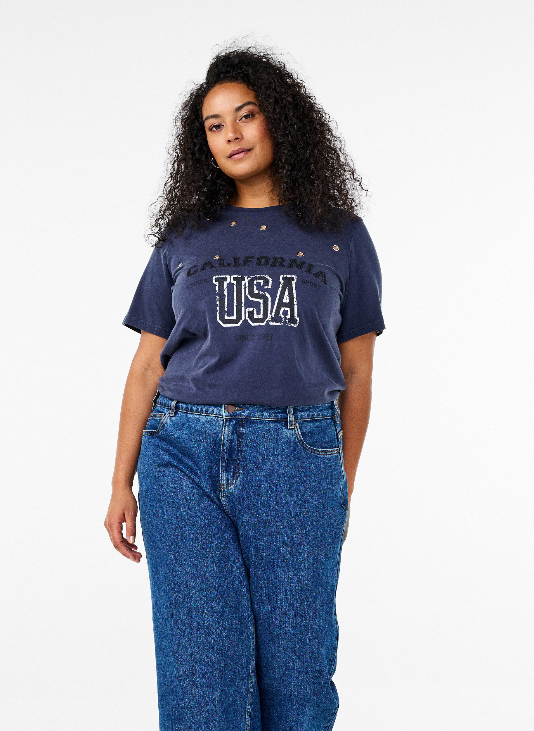 ZizziT-shirt met oogjes en print, Navy Washed , Image image number 0