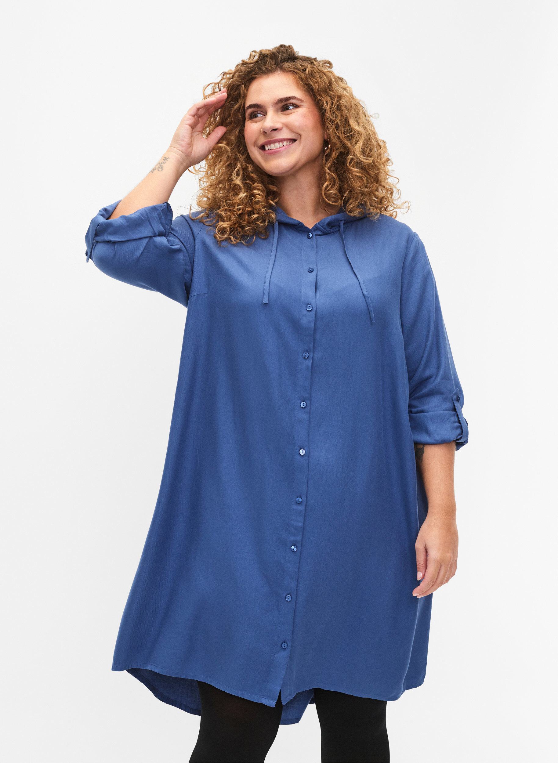 ZizziOverhemdjurk van viscose met capuchon en 3/4 mouwen, Moonlight Blue, Model image number 0
