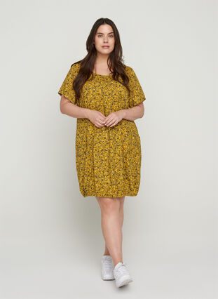 Viscose jurk met print en korte mouwen , Yellow Ditsy Flower, Model image number 2