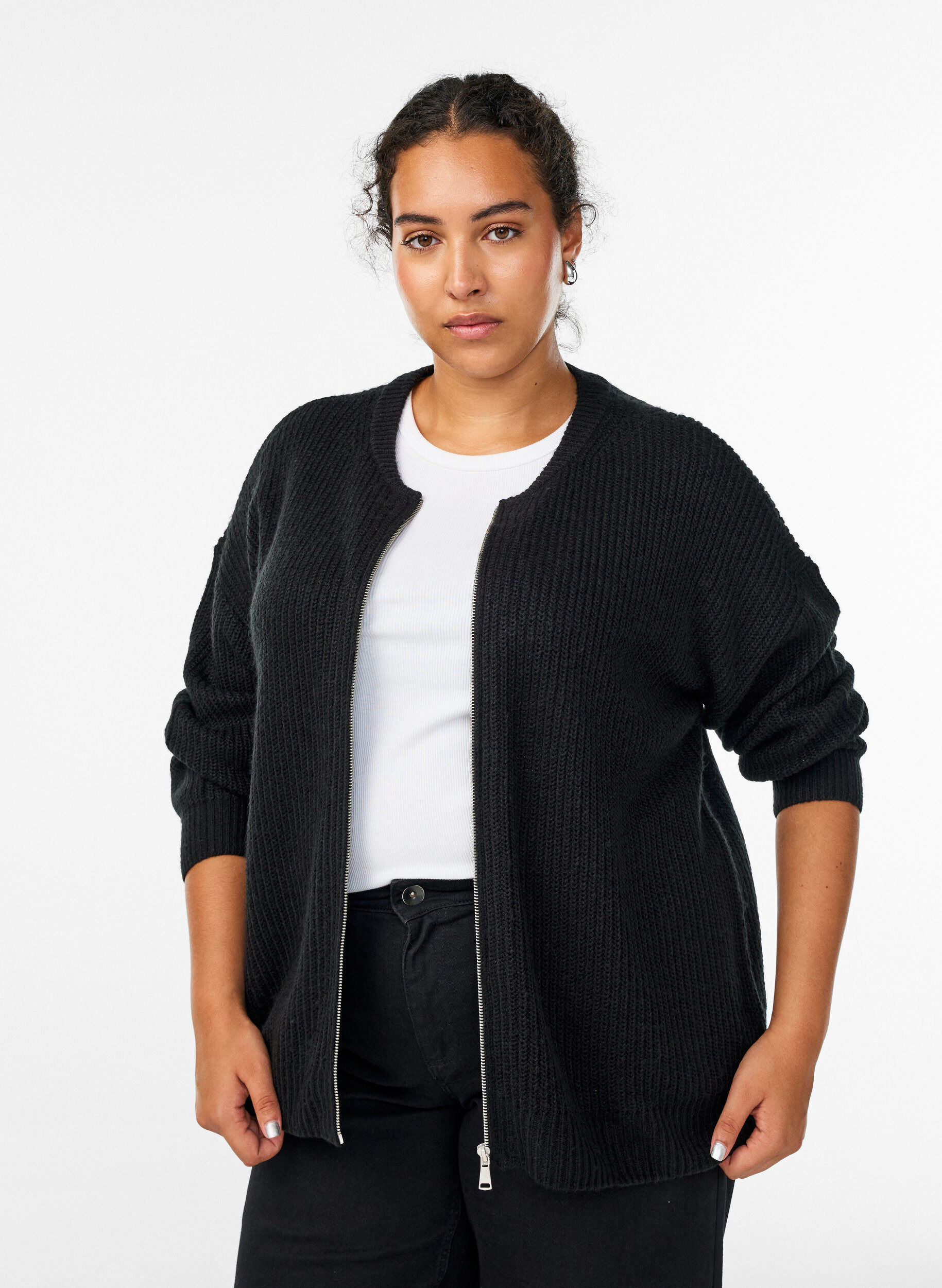 ZizziBreigoed cardigan met ritssluiting, Zwart, Model image number 0