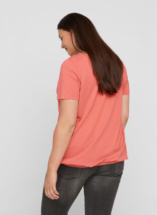 T-shirt met korte mouwen, ronde hals en kanten rand, Living Coral, Model image number 1