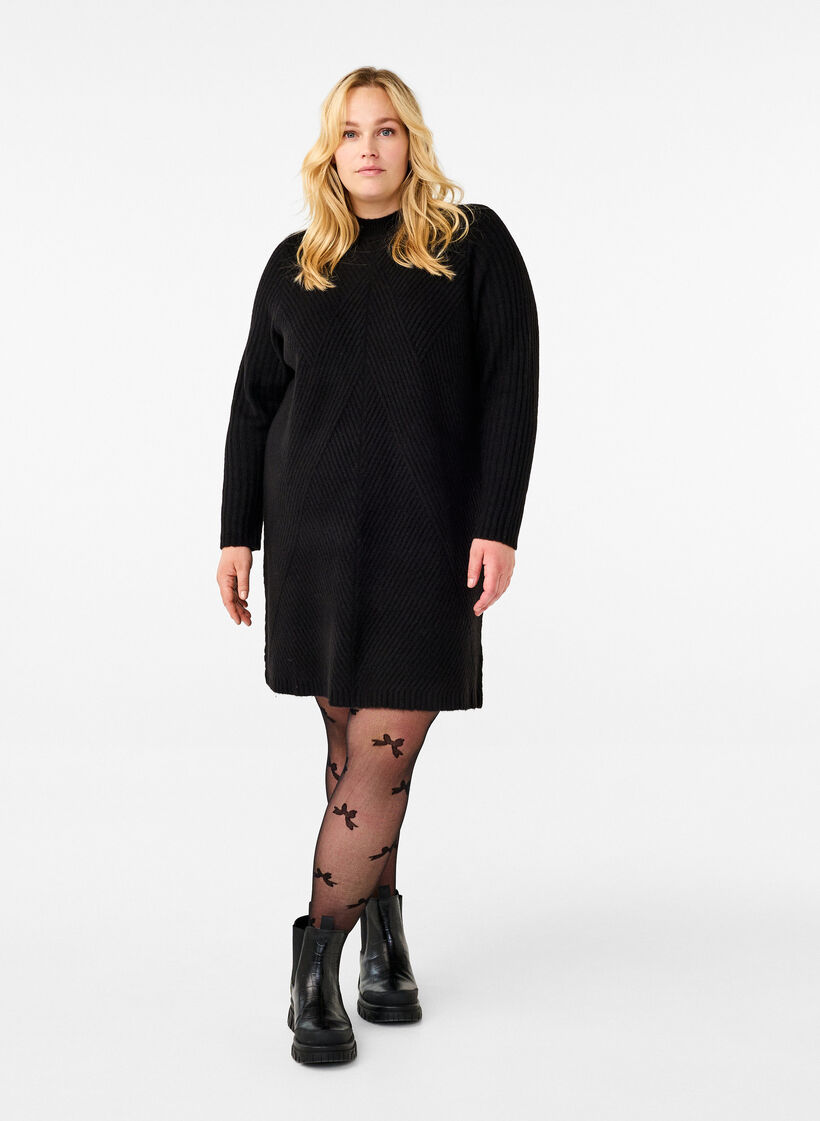 Korte geribde jurk met ronde hals, Black, Model image number 2